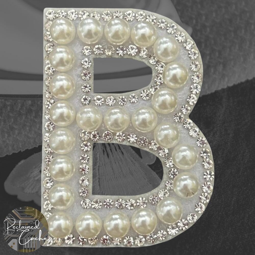 Letter B White Faux Pearl Iron On Patch